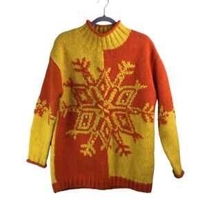 Vintage wool oversized chunky orange yellow sweater size M snowflake